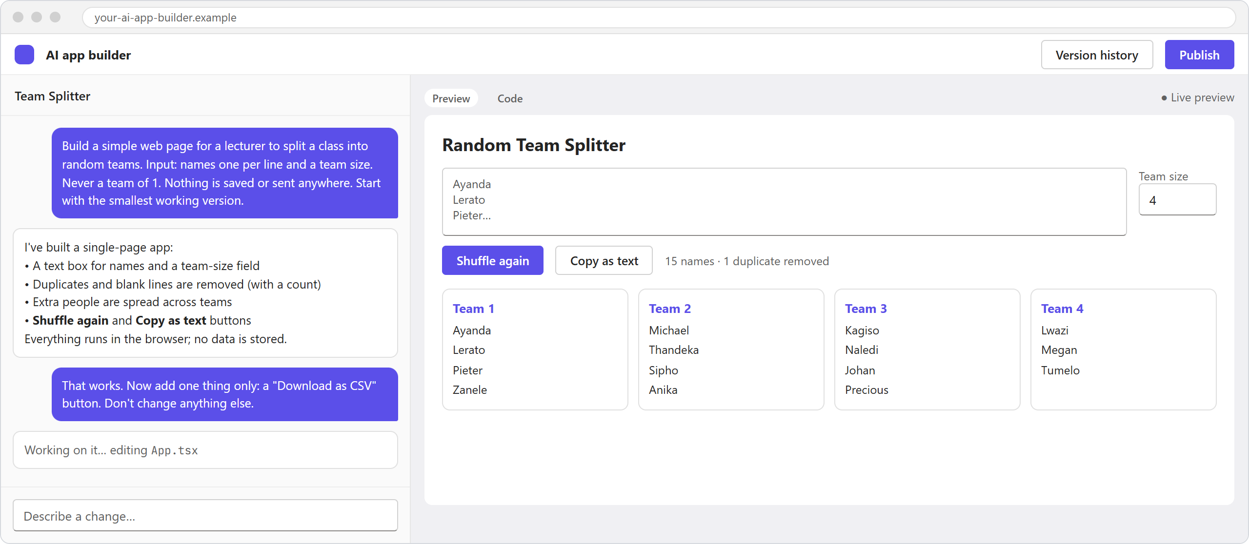 an AI app builder, with the conversation on the left and a live preview of the team splitter on the right