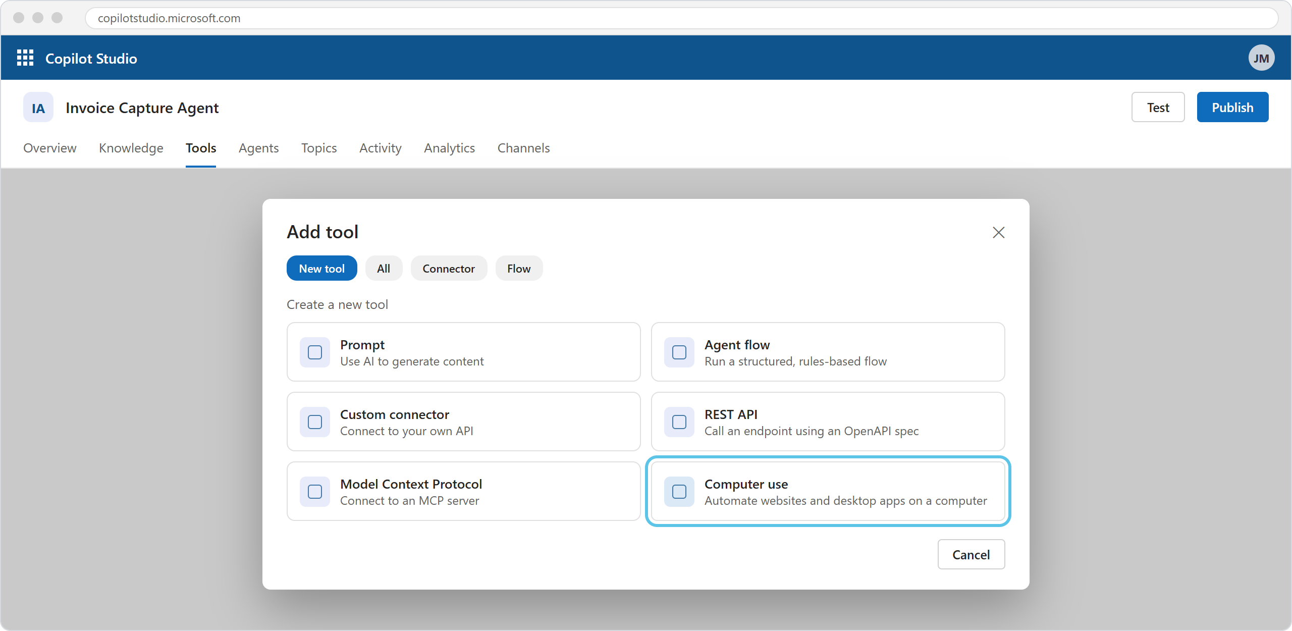 adding a computer use tool from the Add tool dialog
