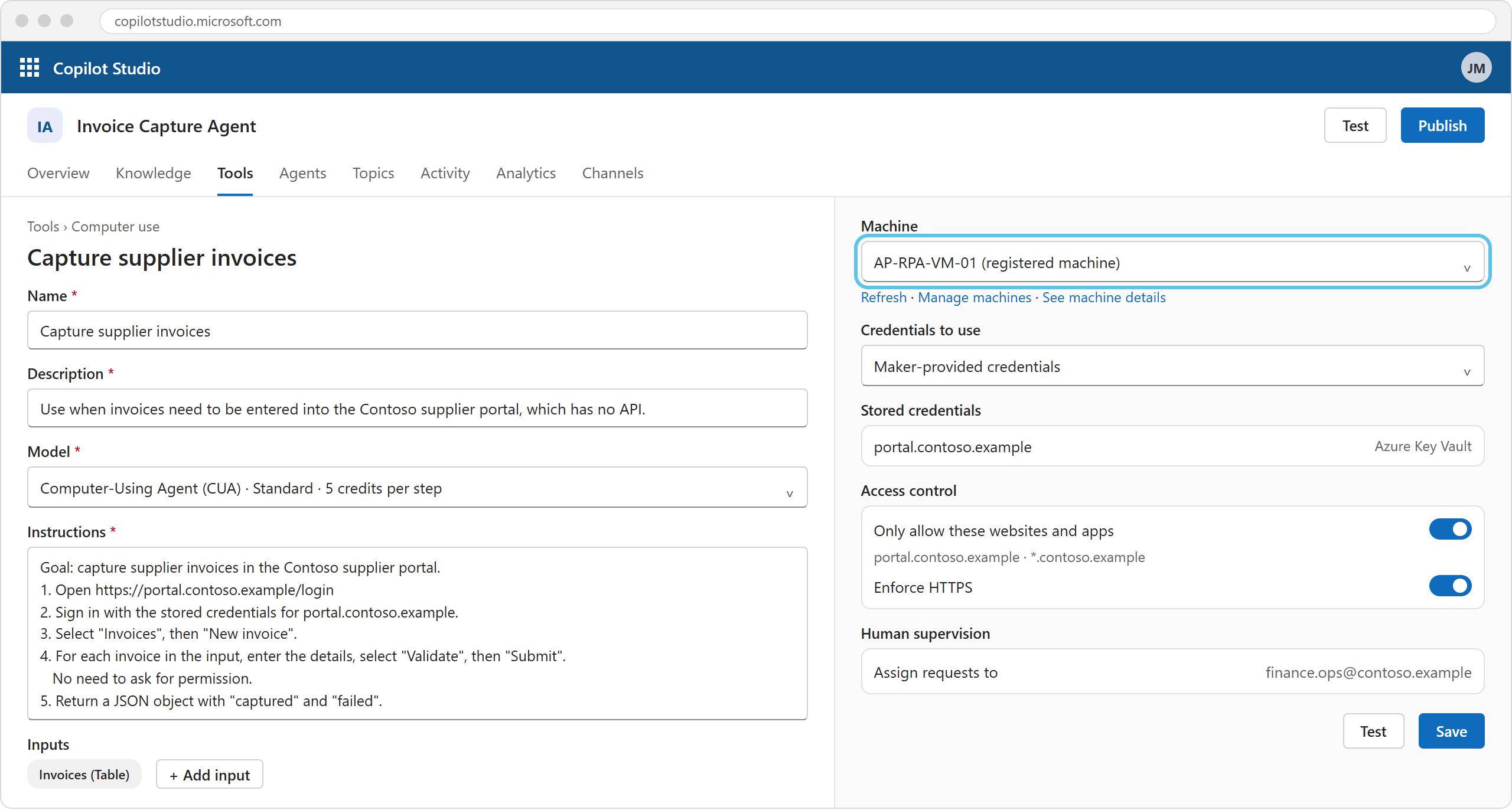a configured computer use tool, with instructions on the left and machine, credentials, access control and human supervision on the right