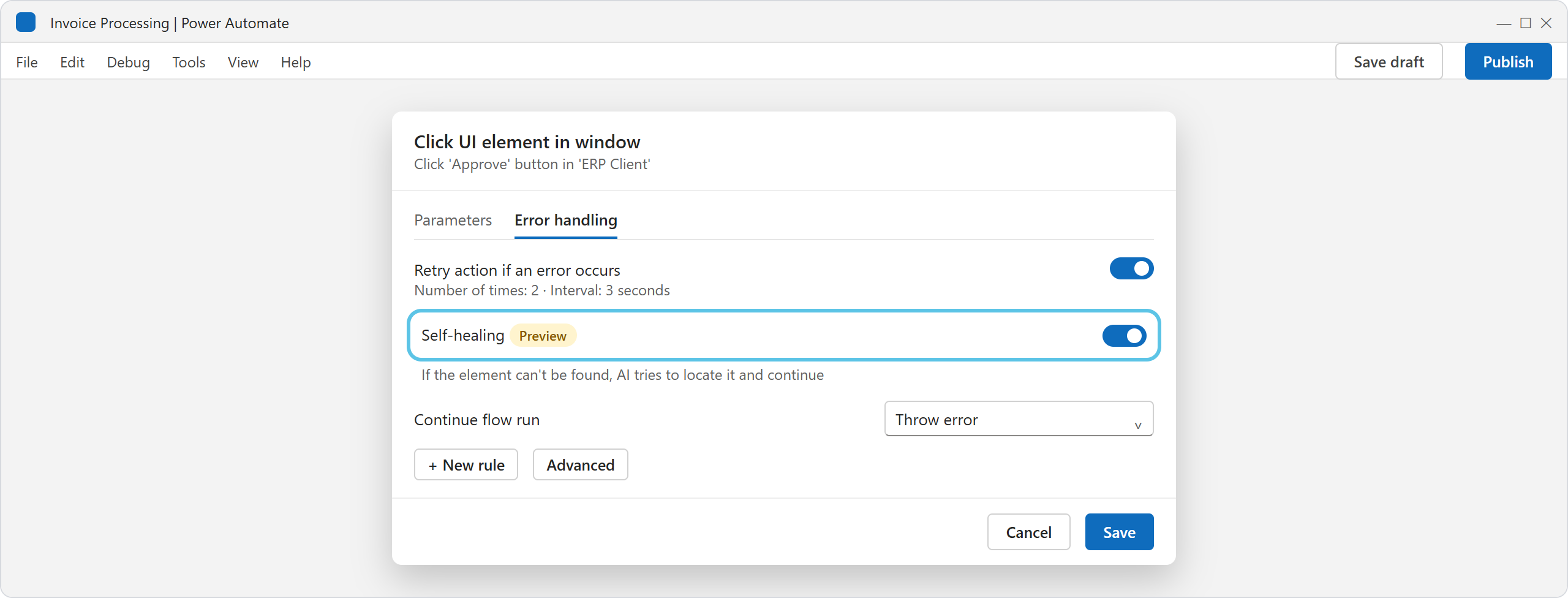 the Error handling tab of a UI action, with retry and Self-healing (Preview) switched on