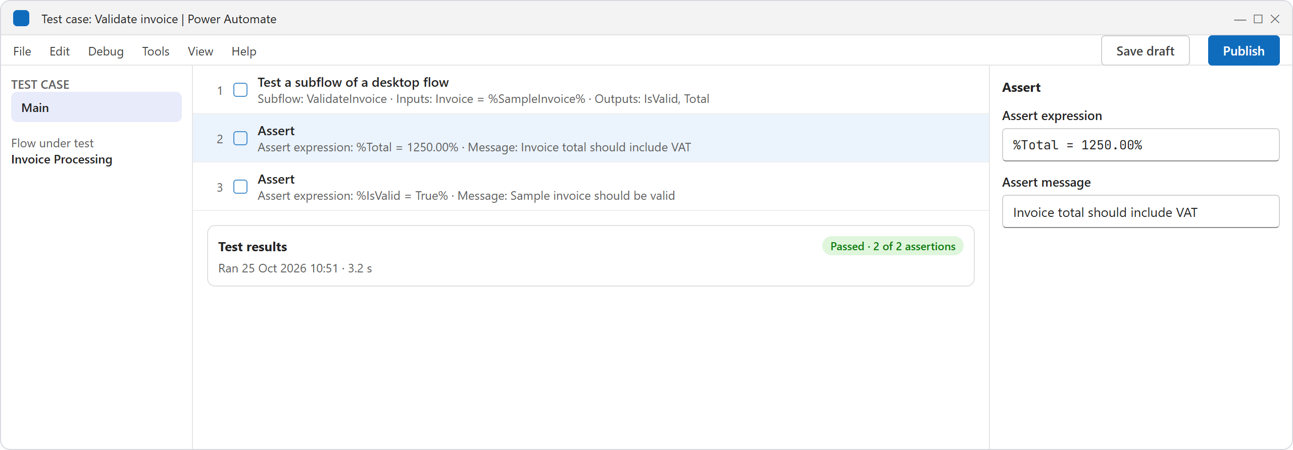 a test case that runs a local subflow and checks the results with Assert actions