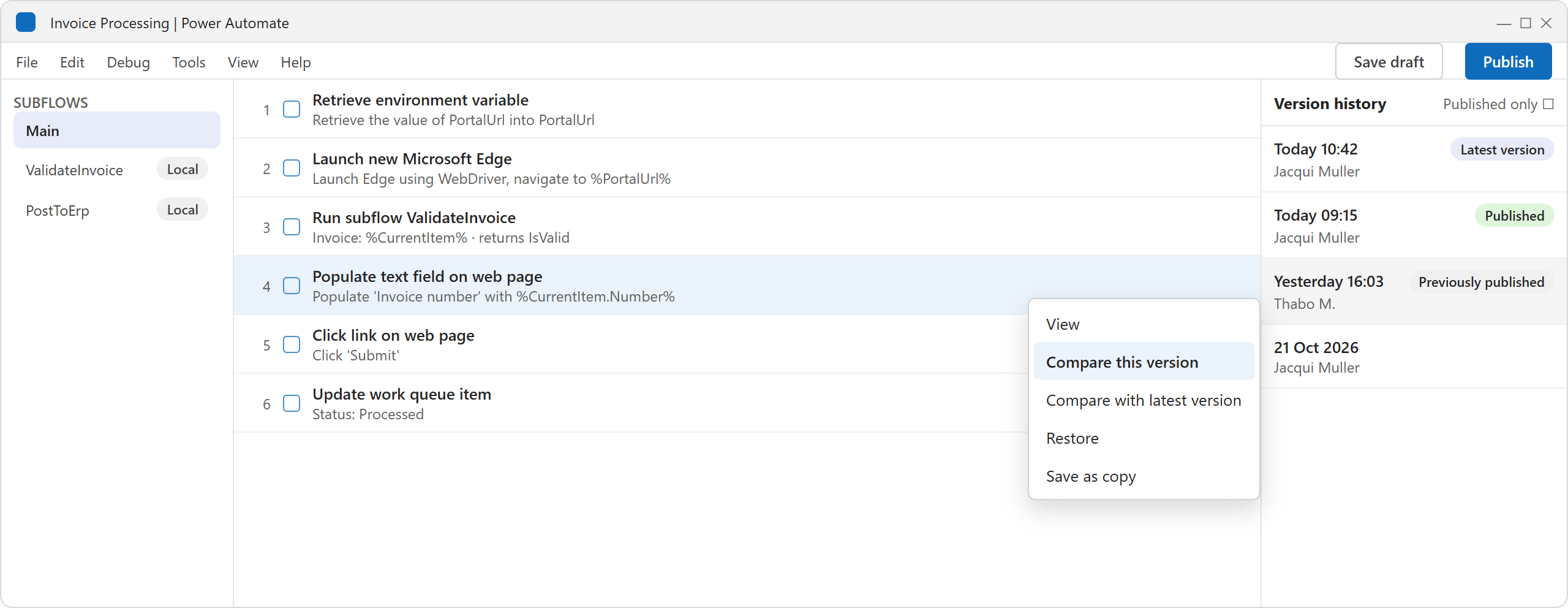 the Version history pane in the desktop flow designer, with the version menu open