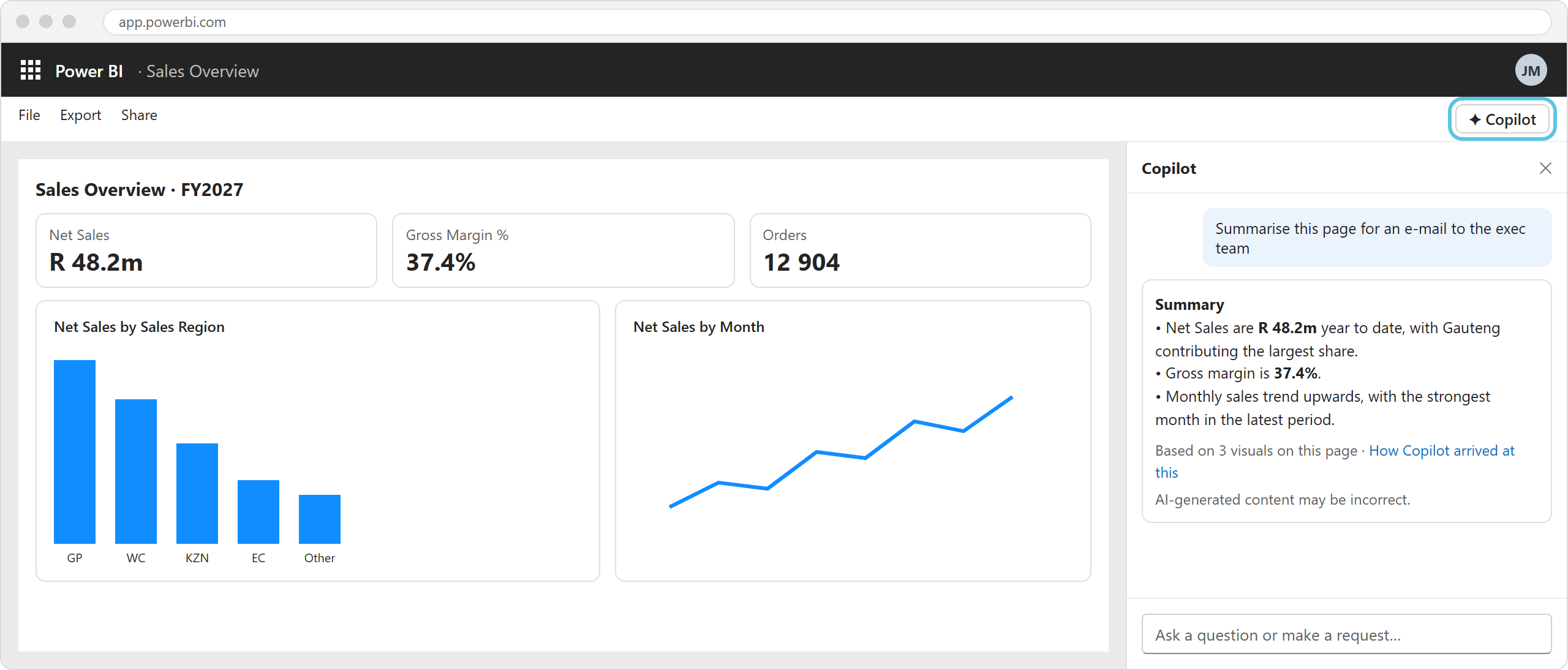 the Copilot pane summarising a report page