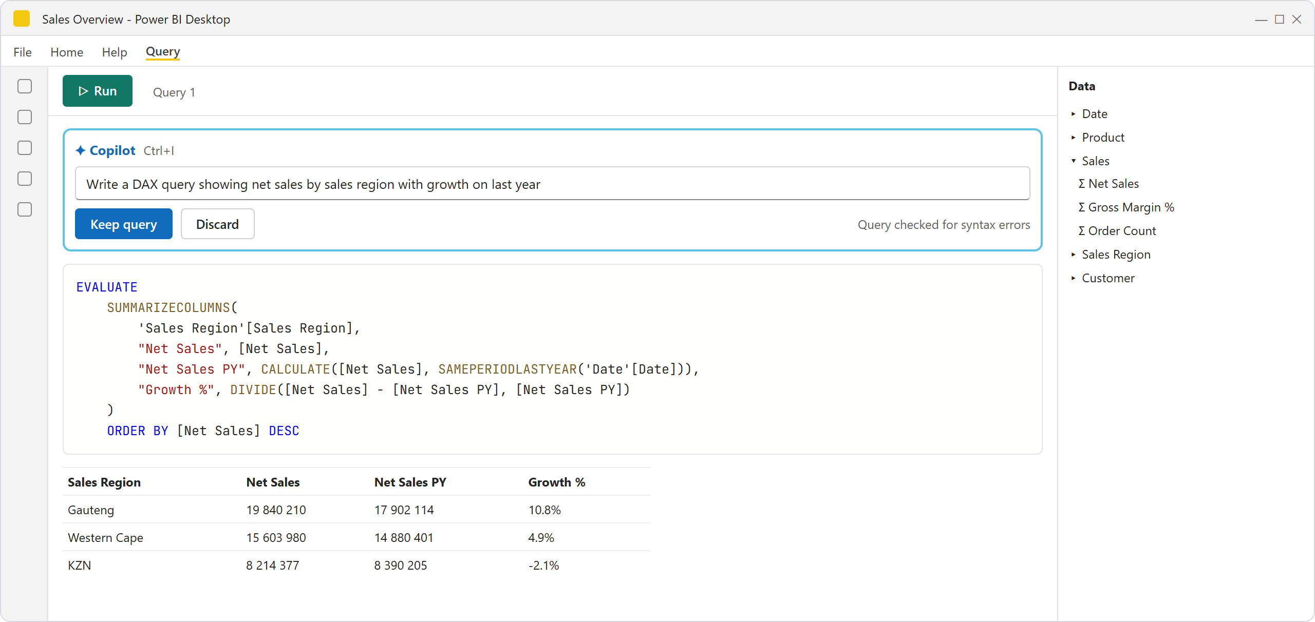 Copilot in DAX query view writing a query from a plain-language request