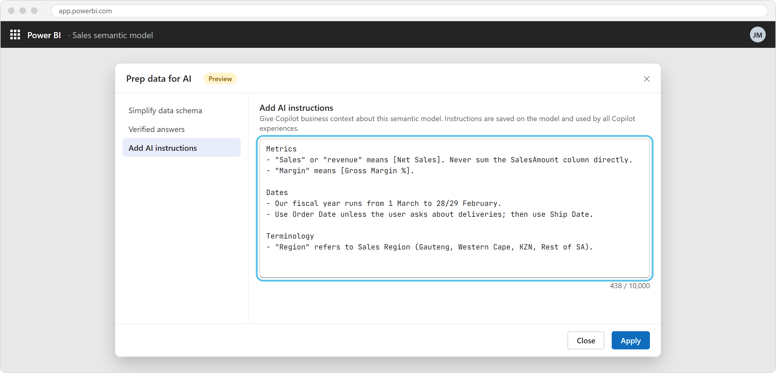 the Prep data for AI dialog with AI instructions for a sales model