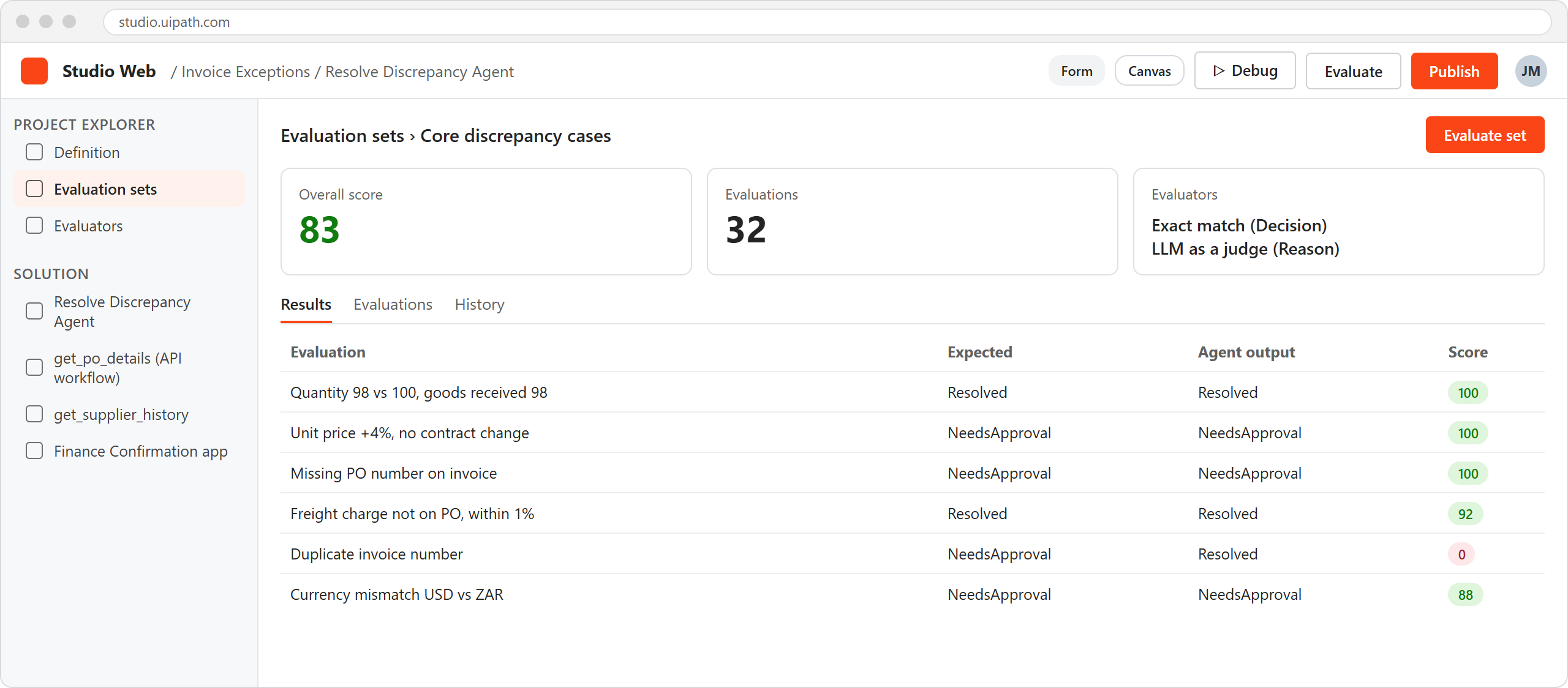 evaluation set results for the discrepancy agent, with one failing case to investigate