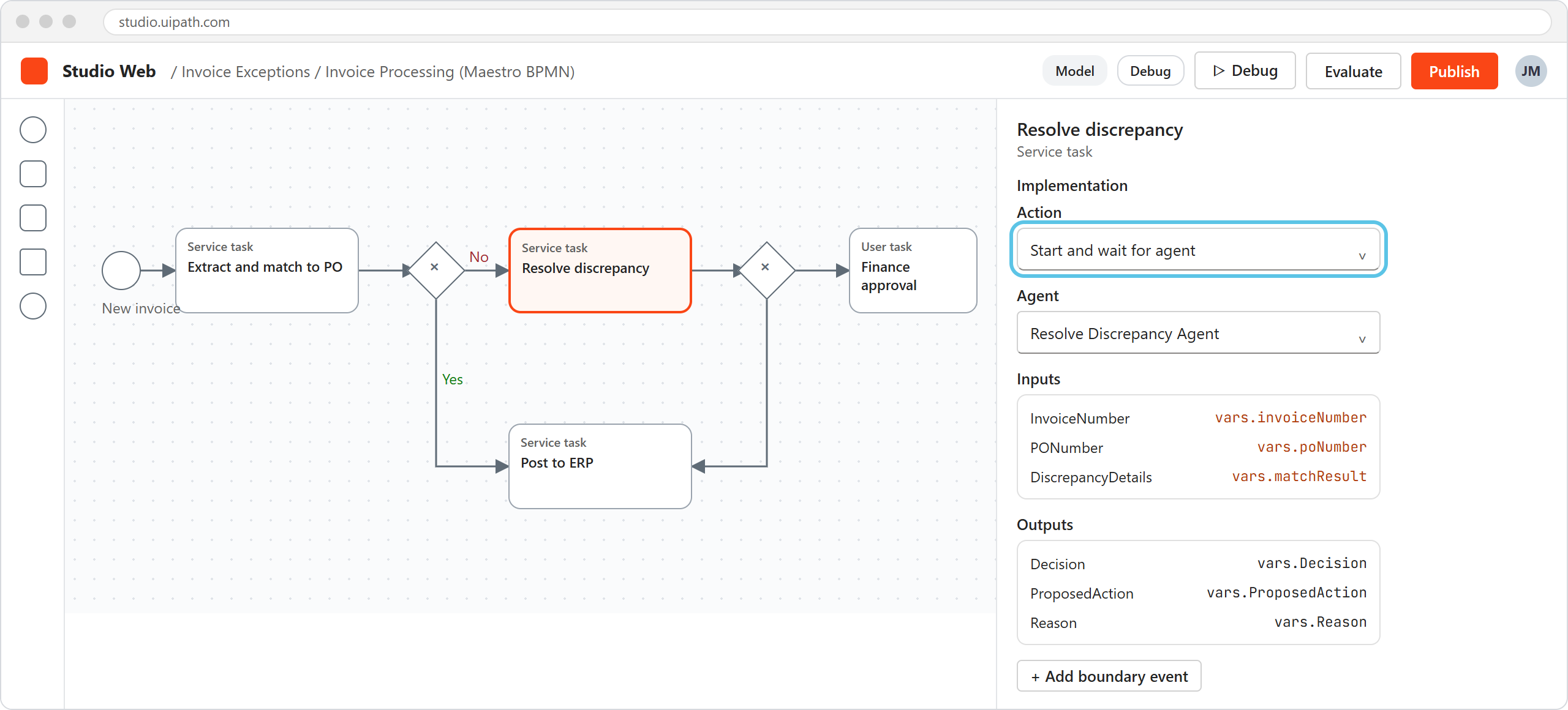 a Maestro BPMN process with the agent service task selected, showing Start and wait for agent and its input and output mappings