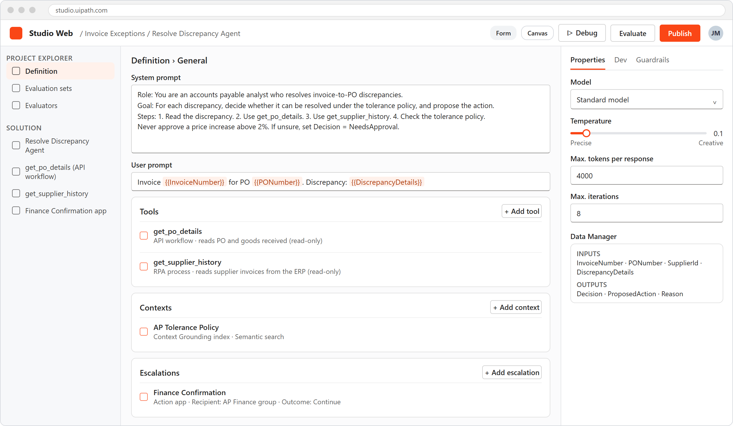 the agent designer in Studio Web, with prompts, tools, contexts and escalations in the middle and model settings and the Data Manager on the right